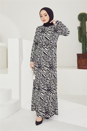 103 Zebra Deseni Elbise Siyah