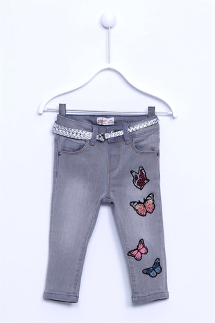 Light Denim color Butterfly Embroidered Belted طفل-بناتي Jeans |PC 110396