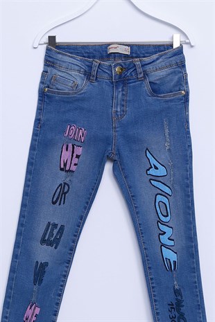 Light Denim color Jeans Printed Pockets Denim Hem Fringed Jeans Girls Kids |PC-312835