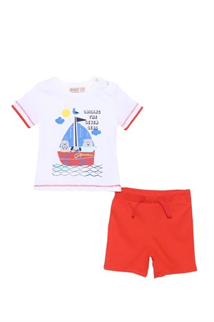 Baby Mens White Color Printed Shoulder Button T-shirts and Shorts Suits | Kt 118039