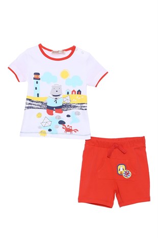 Baby Mens White Color Printed Shoulder Button T-shirts and Shorts Suits | Kt 118044