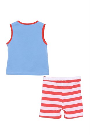 Baby Male Saks color Printed Shoulder Button Sleeveless T-Shirt and Striped Shorts Suits | Kt 118045