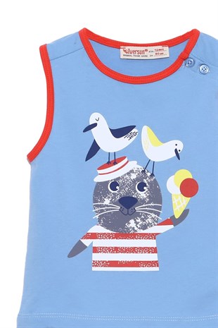 Baby Male Saks color Printed Shoulder Button Sleeveless T-Shirt and Striped Shorts Suits | Kt 118045