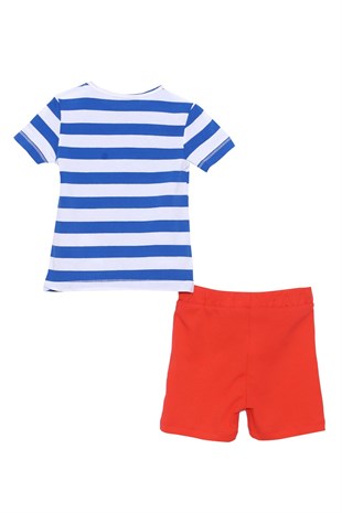Baby Male Saks color Pocket Detailed Shoulder Buttoned Striped T-Shirts and Shorts Suits | KT 118043