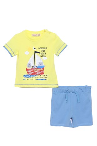 Baby Mens Yellow Color Printed Shoulder Button T-Shirts and Shorts Suits | Kt 118039
