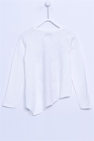 White Printed Long Sleeve Asymmetric Cut Knitted T-Shirt|BK 310795