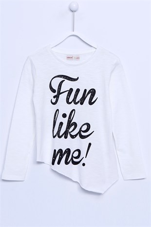 White Printed Long Sleeve Asymmetric Cut Knitted T-Shirt|BK 310795