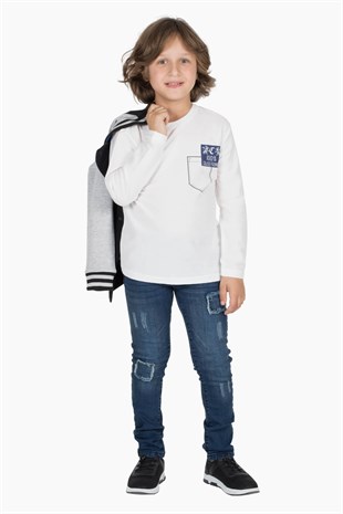 White Color T-shirt Knitted Long Sleeve Printed T-Shirt Boys | BK-312482