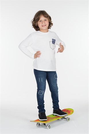 White Color T-shirt Knitted Long Sleeve Printed T-Shirt Boys | BK-312482