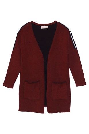 Burgundy color Cardigan with Two Front Pockets, Striped Shoulders Long Sleeve Cardigan for Girls |T 310414