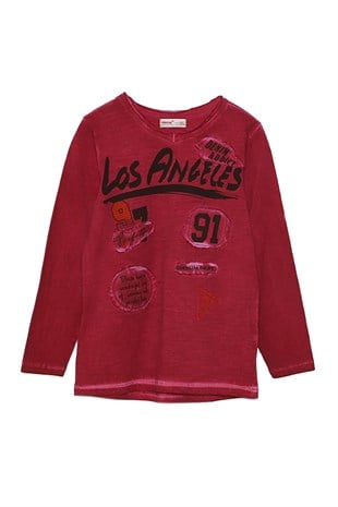 Claret Red Long Sleeve Printed Knitted T-Shirt|BK 310531