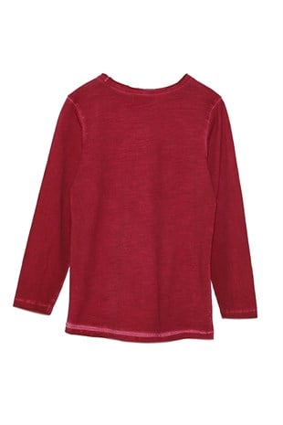 Claret Red Long Sleeve Printed Knitted T-Shirt|BK 310531