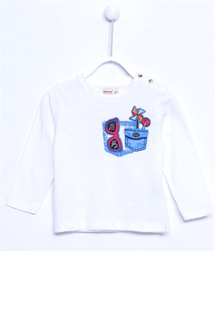 Printed Shoulder Button Closure Crew Neck Knitted Long Sleeved T-Shirt |BK 110075-Ecru