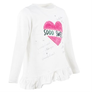 Ecru color Heart Printed Hem Frilled Long Sleeve Girls T-Shirt|BK 215024