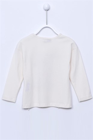 Ecru color T-Shirt Knitted Long Sleeve Printed Tasseled T-Shirt for Girls |BK 74306
