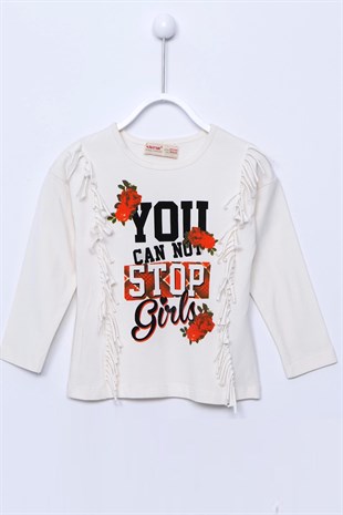 Ecru color T-Shirt Knitted Long Sleeve Printed Tasseled T-Shirt for Girls |BK 74306