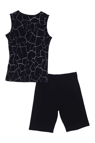 Young male black colored patterned bike collar sleeveless t-shirts and shorts suit | Kt 317818