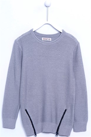Gray Zipper Detailed Long SleeveKnitwear Sweater|T 310193