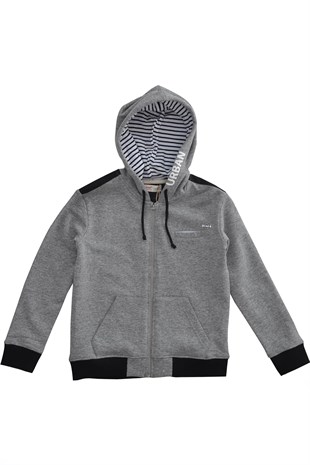 Gray Hooded Front Zipper Closure Long Sleeved Sweat Shirt|JM 310205