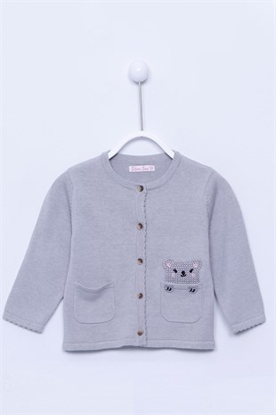 Gray Color Printed Crew Neck طفل-بناتي Knitwear Cardigan with Pocket |T-113120