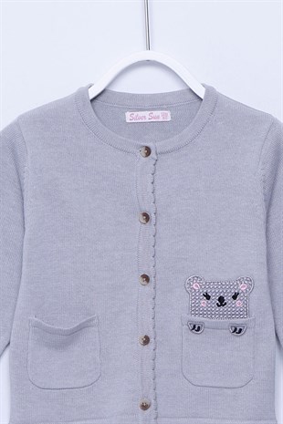 Gray Color Printed Crew Neck طفل-بناتي Knitwear Cardigan with Pocket |T-113120