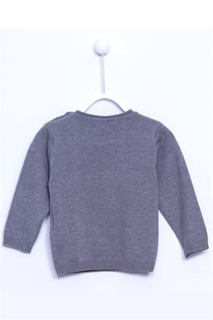 Gray Color Printed Shoulder Button Closure Long Sleeved Knitwear Sweater |T 110277