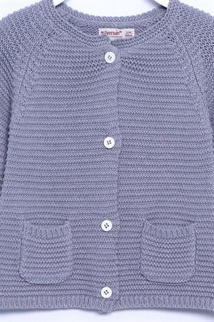 Gray color Pocket Crew Neck طفل-بناتي Knitwear Cardigan |T 73506