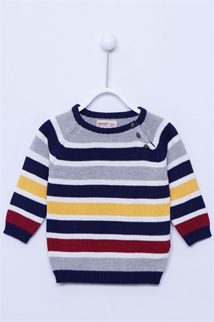 Gray Color Striped Long Sleeve Knitwear Sweater|T-112892