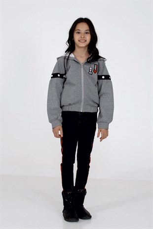 Gray Color Hooded Printed Front Zipper Closed Pocket Long Sleeve Girls Sweatshirt|JM 315054