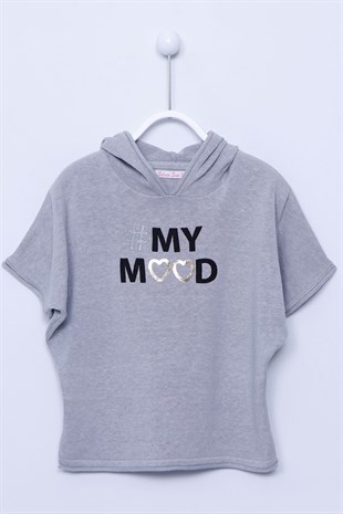 Gray color Hooded Sweater Printed Hooded Short Sleeve Knitwear Sweater Girl Child |T-212994