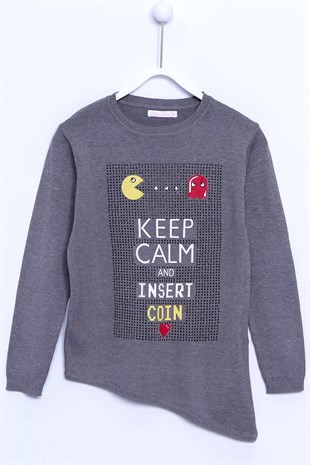 Gray color Sweater Printed Asymmetrical Cut Long Sleeve Knitwear Sweater Girl Child |T 310781