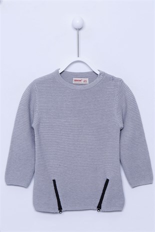Gray color Sweater with Shoulder Button Closure, Zipper Detail, Long Sleeved Sweater for Baby Boy |T-112393