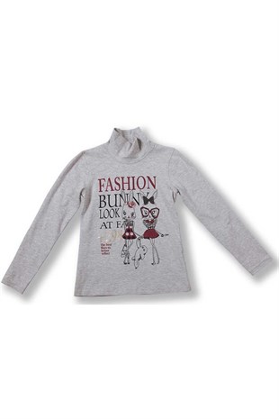 Gray color T-Shirt Knitted Long Sleeve Printed Turtleneck Badi Girl Child |BK 33692