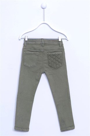 Khaki color Jeans Denim 5 Pockets Pockets Embroidery Detail Jeans Girls Child |PC 210117
