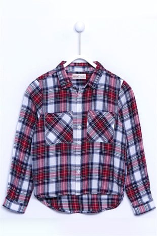 Red Double Pocket Checked Long Sleeve Woven Shirt with Front Buttons|GC 310249