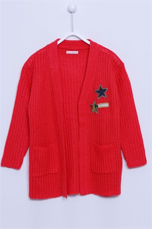 Red color Cardigan with Two Front Pockets, Coated Knitwear Cardigan for Girls |T-312740