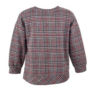 Red Color Checked Crew Neck Long Sleeve Girls T-Shirt|JS 215008