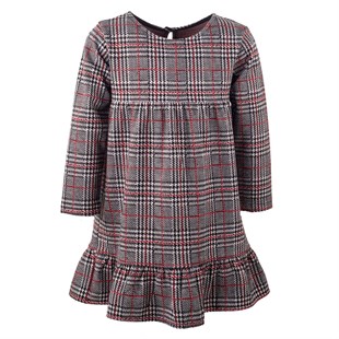 Kırmızı Renkli Kareli Etek Ucu Fırfırlı Uzun Kol Kız Çocuk Elbise|EK 215005