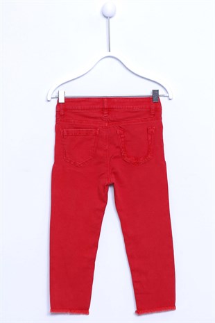 Red color Trousers Denim 5 Pockets Tasseled Ripped Detailed Denim Trousers for Girls |PC 210373