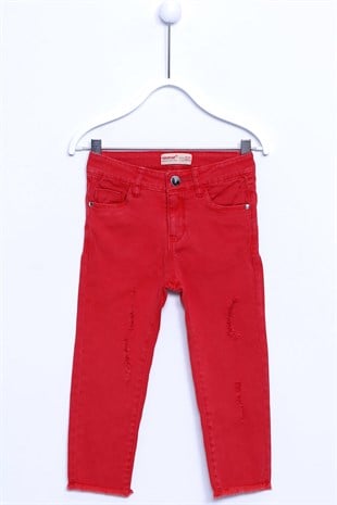 Red color Trousers Denim 5 Pockets Tasseled Ripped Detailed Denim Trousers for Girls |PC 210373