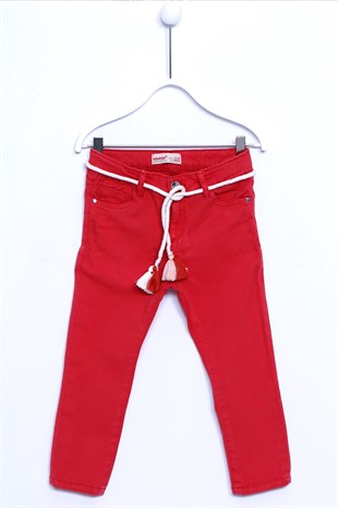 Red Color Trousers Belt Suit Woven 5 Pockets Tassel Detail Belted Trousers for Girls |PC 210437