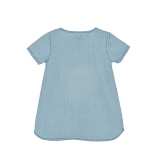 Girls Children Outdoor Blue Denim Color Printed Shoulder Button Short Sleeve Jeans Dress | Additional 216097
