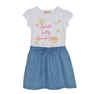 Kız Çocuk Koyu Mavi Denim Renkli Nakışlı Belden Lastikli Kot Etekli Örme Elbise | EK 216018