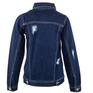 Girls Dark Blue color Sleeves Striped Buttoned Denim Jacket|MC 315083