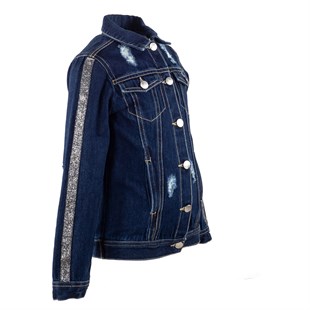 Girls Dark Blue color Sleeves Striped Buttoned Denim Jacket|MC 315083