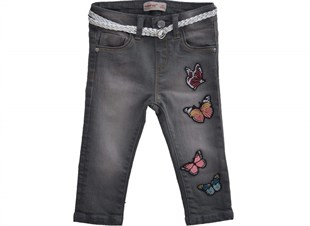 Dark Denim color Butterfly Embroidered Belt طفل-بناتي Jeans |PC 110396