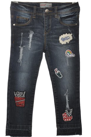 Dark Denim color Jeans Denim 5 Pockets Applique Pattern Washed Jeans Girls Child |PC 210308