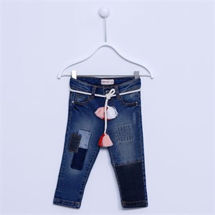 Dark Denim color Patched Belt طفل-بناتي Jeans | PC 110431