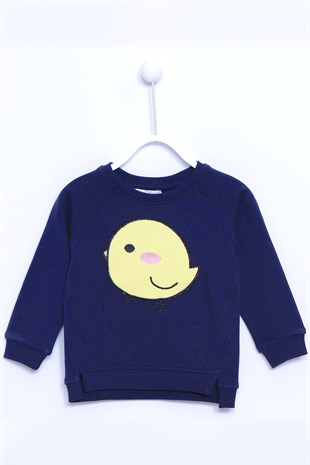 Navy Blue Printed Knitted Sweatshirt with Elastic Slit Detail on Sleeves and Hem|JS 110897