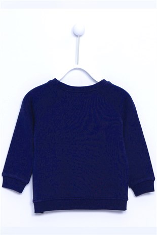 Navy Blue Printed Knitted Sweatshirt with Elastic Slit Detail on Sleeves and Hem|JS 110897